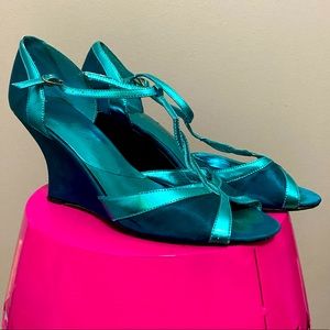 Turquoise Satin and Parent Wedge Heels